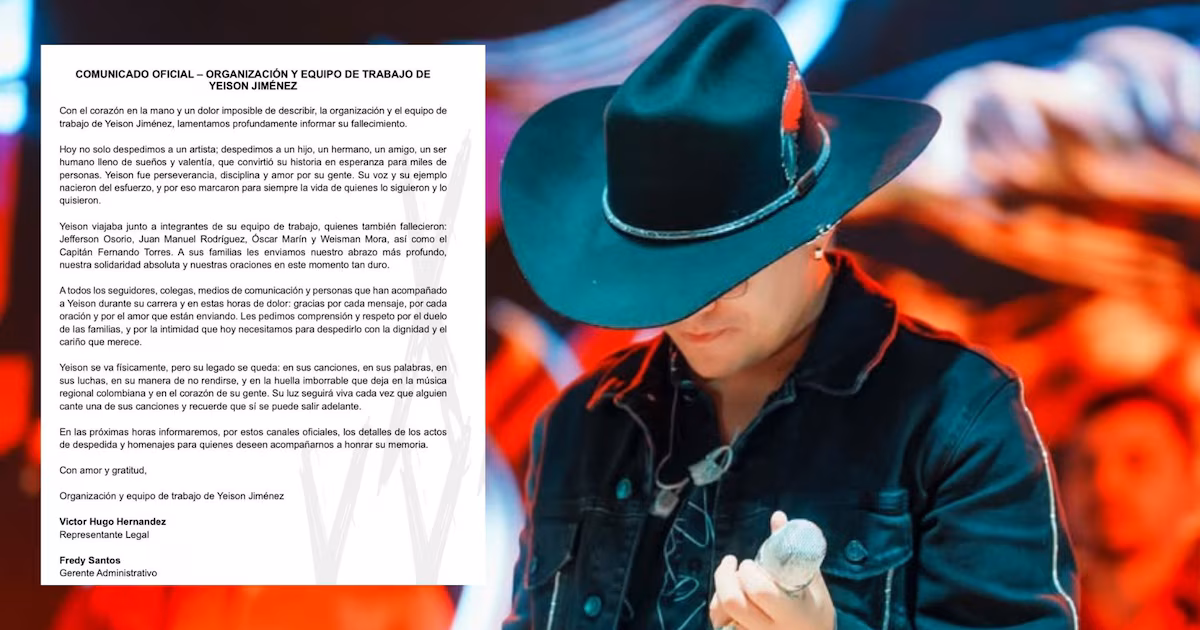 Equipo de Yeison Jiménez despide al artista: “se va físicamente, pero su legado se queda en la música y en el corazón de su gente”