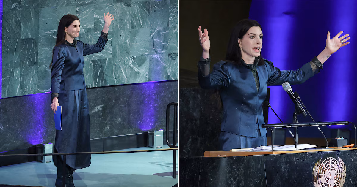 Anne Hathaway eligió el azul petróleo como estilo en Naciones Unidas