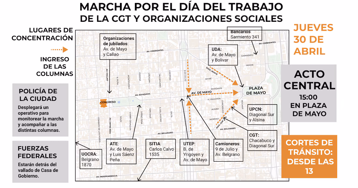 Mapa de la CGT de las marchas del Primero de Mayo a Plaza de Mayo