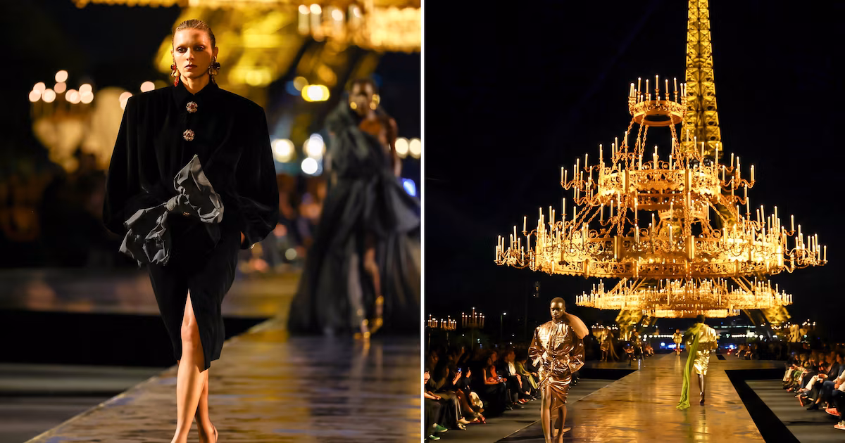 El glamour de París de noche: desfile de la Semana de la Moda frente a la Torre Eiffel